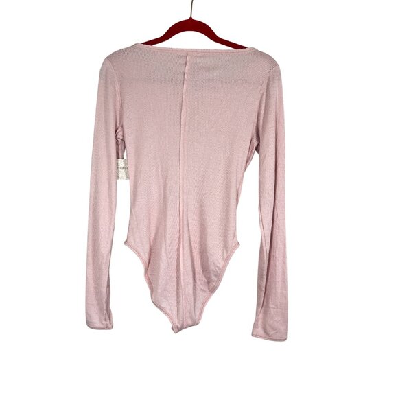 Free People Waffle Knit Bodysuit Pink S Henley Feminine Coquette Chic Boho Folk - Picture 8 of 12